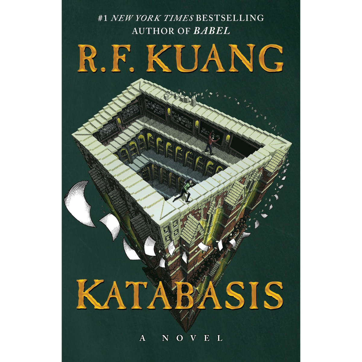 Book cover for Katabasis. There is a drawing in an isometric view of a Cambridge library made of infinite stairs.