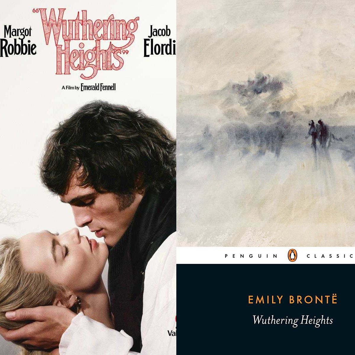 The cover of Emily Brontë's Wuthering Heights side by side with a poster for Emerald Fennell's 2026 film adaptation.
