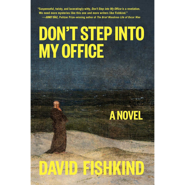 Book cover for Don't Step Into My Office. It features a man in a dark robe with his back to the viewer, standing on a sandy beach and contemplating the dark waves and dark sky.