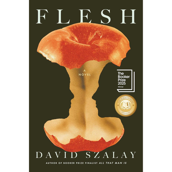 Book cover for Flesh. It features a prominent image of a red apple eaten to the core.