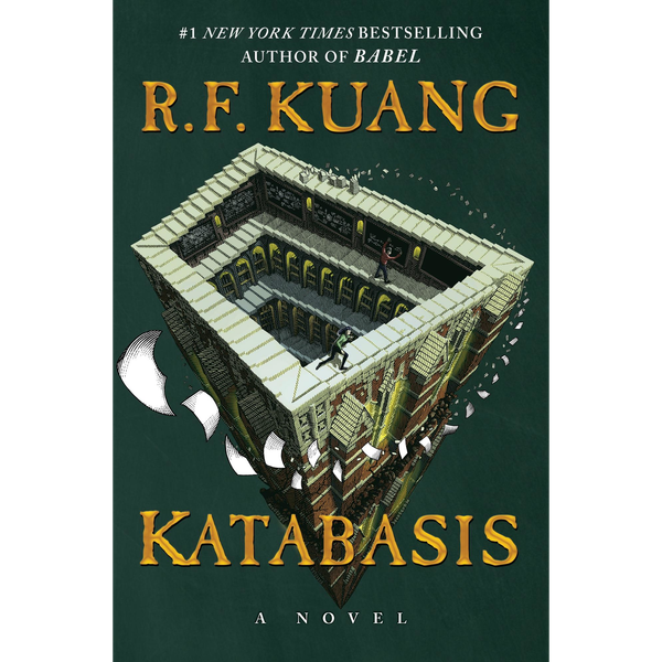 Book cover for Katabasis. There is a drawing in an isometric view of a Cambridge library made of infinite stairs.